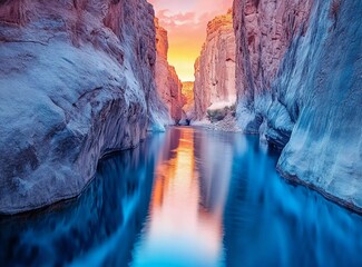Poster - A surreal view of an underground canyon with blue rocks, with water reflections and a colorful sky at sunset.