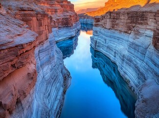 Poster - A surreal view of an underground canyon with blue rocks, with water reflections and a colorful sky at sunset.