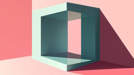 Poster - Abstract geometric art displaying a 3d cube in minimalistic pink and teal colors