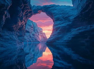 Poster - A surreal view of an underground canyon with blue rocks, with water reflections and a colorful sky at sunset