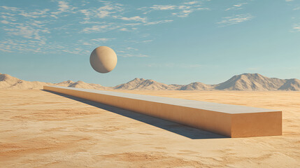 Poster - Floating sphere above metallic obelisk in desert landscape futuristic art digital illustration surreal environment