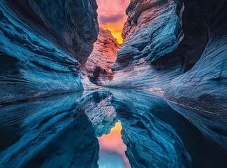 Poster - A surreal view of an underground canyon with blue rocks, with water reflections and a colorful sky at sunset