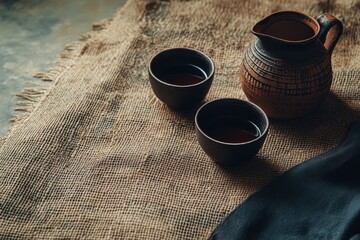 Rustic ceramic pitcher with two bowls of tea on a textured burlap cloth, showcasing warm earthy tones and traditional craftsmanship in a tranquil setting