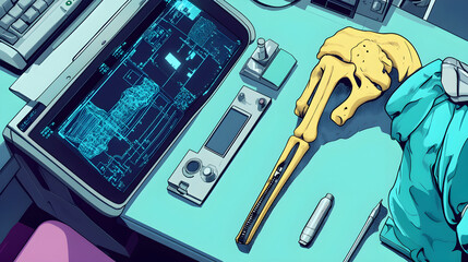 Poster - Analyzing digital designs in a tech lab contemporary workspace graphic illustration high-tech environment top-down view