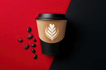 Wall Mural - Flat lay of a coffee cup on a red and black background, top view with copy space. Flat design. Minimalist stock photo. Studio lighting