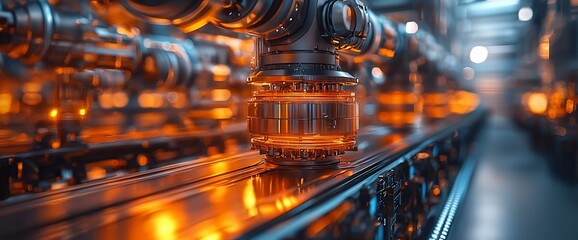Poster - Industrial robotic arm on a conveyor belt in a factory.