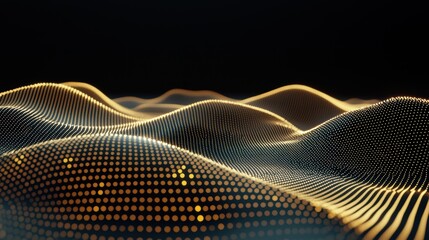 Poster - Abstract digital landscape with wavy lines and glowing particles in darkness