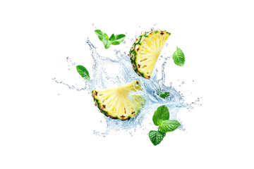 Wall Mural - Fresh pineapple slices with mint leaves in water splash isolated on white or transparent PNG