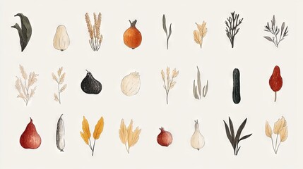Wall Mural - artistic vegetable illustration collection, brushstroke texture style, vibrant produce icons, earthy color palette, hand drawn organic shapes, minimalist white background, botanical sketch aesthetic,