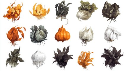 Wall Mural - artistic vegetable illustration collection, brushstroke texture style, vibrant produce icons, earthy color palette, hand drawn organic shapes, minimalist white background, botanical sketch aesthetic,