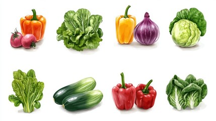 Wall Mural - artistic vegetable illustration collection, brushstroke texture style, vibrant produce icons, earthy color palette, hand drawn organic shapes, minimalist white background, botanical sketch aesthetic,