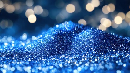 Poster - Shimmering blue glitter forms a textured mound, illuminated by soft bokeh lights, creating a magical and vibrant effect
