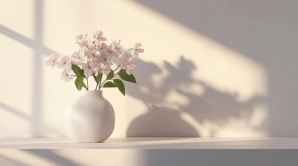 Wall Mural - a serene white shelf displays a simple vase of pale flowers, casting soft shadows against a lightly 