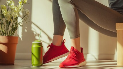 fitness preparation moment, deep red athletic footwear, charcoal workout pants, vibrant green health drink, soft beige setting, lifestyle detail shot, modern fitness aesthetic, natural light