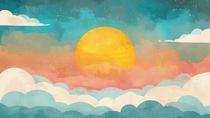 Wall Mural - the sun shines brightly through fluffy clouds, painting the sky with vibrant hues as day transitions