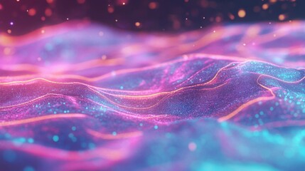 Fototapete - Vibrant neon light waves flow gently, forming a captivating abstract landscape filled with shimmering colors and dynamic patterns