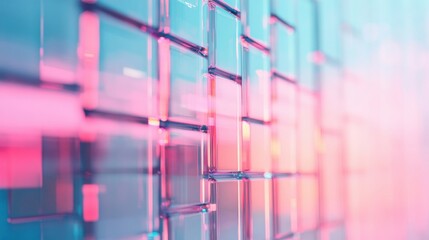 Poster - Colorful glass structures create an abstract arrangement, reflecting various pink and blue hues against a soft backdrop