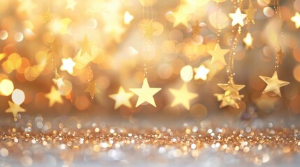 Poster - Beautiful golden stars hang amidst soft, bokeh lights, creating a warm and inviting ambiance perfect for festive occasions