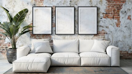Poster - Cozy living room features a light-colored sofa and three blank frames against a rustic brick wall, creating a stylish and inviting atmosphere