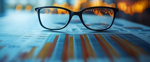 Poster - Eyeglasses resting on financial charts and graphs.