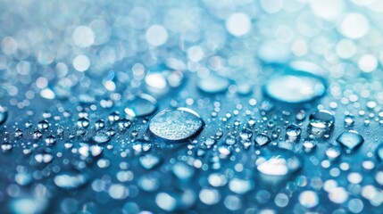 Poster - Close-up view of water droplets resting on a blue surface, reflecting light and creating an eye-catching, serene aesthetic