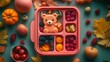 © Chaikit - vibrant pink and orange school bag, playful lunch arrangement featuring bear-shaped sandwich art, colorful bento compartments with berries and fruits, cheerful autumn theme, overhead shot, natural