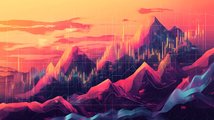 Poster - Digital landscape analysis abstract mountain peaks data visualization vibrant sunset aerial view modern concept