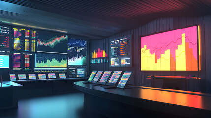 Poster - Financial data analysis trading room digital display modern office wide angle market trends visualization