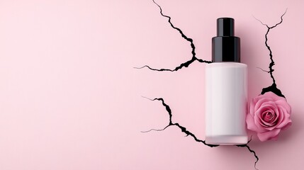 Wall Mural - Minimalist skincare bottle on cracked pink background with rose accent