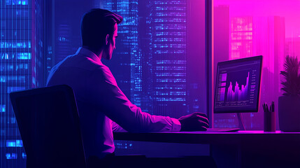 Poster - Analyzing market trends office workspace digital illustration urban cityscape frontal view business insight