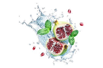 Wall Mural - Fresh pomegranate slices with mint leaves in water splash isolated on white or transparent PNG