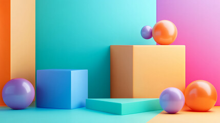 Poster - Colorful geometric shapes arrangement studio setup 3d render creative environment wide angle modern design concept