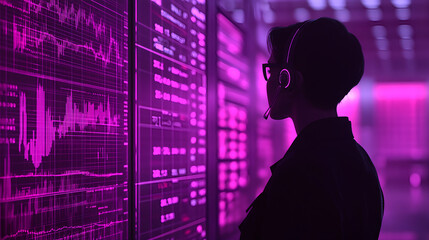 Poster - Data analyst monitoring performance metrics in a high-tech office digital workspace futuristic environment side view