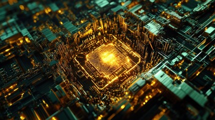 Poster - Glowing Golden Circuit Board: A 3D Render of  Intricate Technological Design