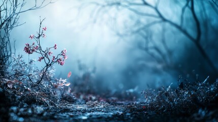 Fototapete - Mysterious flora awakens enigmatic forest digital artwork ethereal atmosphere close-up deep blue tones evoke serenity
