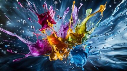Poster - Dynamic burst of colorful paint droplets abstract art studio setting high-speed photography vivid imagery