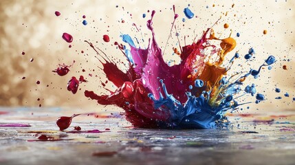 Leinwandbilder - Dynamic paint splashes burst across canvas colorful art creation studio environment close-up view vibrant expression