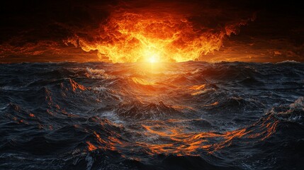 Poster - Dynamic waves of bright orange sunlight rippling over dark seas at dusk nature photography ocean landscape