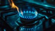 © Sinechana - 14.A detailed close-up of a blue gas flame burning on a kitchen stove, with the surrounding metal burner glowing slightly, showcasing the efficiency and controlled heat produced by natural gas.