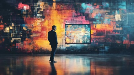 Poster - Silhouette contemplates vibrant digital art in motion