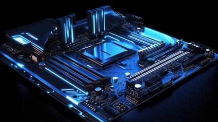 Poster - Illuminated Motherboard: A High-Resolution Close-Up of a Modern Computer Motherboard