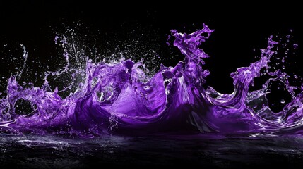 Poster - Vivid purple waves collide in a dramatic scene deep black background water splash photography high-contrast visuals