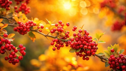 Wall Mural - Autumnal Branch with Clusters of Vibrant Red Berries Basking in Golden Sunlight