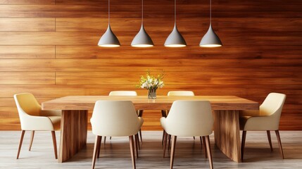 Sticker - 87.A contemporary dining room with a wooden table and six beige chairs, set against a background of wooden panel walls. Pendant lights hang above, casting soft light over the table. The design