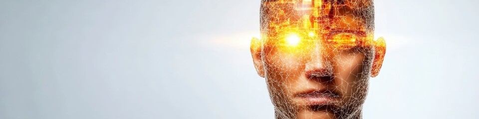Poster - Glowing Pixelated Portrait: A Futuristic Digital Human Face Emerging from a Network of Golden Particles