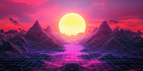 Fototapete - Retro Sunset Over Wireframe Mountains and Valley