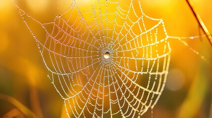 Close-up of dewdrops on a spider web in morning light, delicate and intricate
