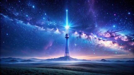 Wall Mural - futuristic tower reaching for the stars in a serene night sky landscape