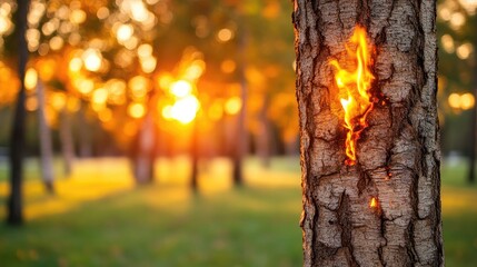 Poster - Glowing tree bark illuminated by sunset in a serene park