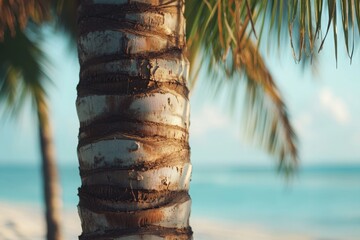 Wall Mural - Close-up of a Tropical Palm Tree Trunk with Beautiful Green Fronds Against a Serene Ocean Background for Relaxation and Nature-themed Projects